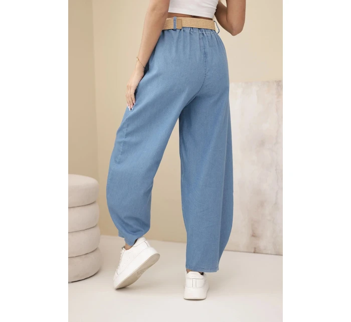 Dámské kalhoty se širokou nohavicí a páskem světle džínové Dámské kalhoty se širokou nohavicí a páskem světle džínové