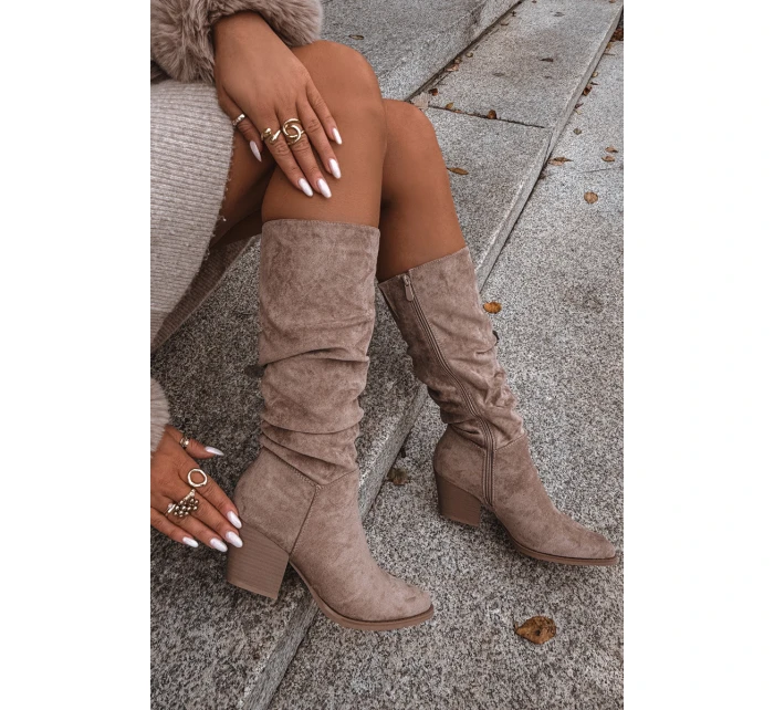 Dámské kozačky s horní částí na podpatku vyhřívané béžové model 21715049 - Boto