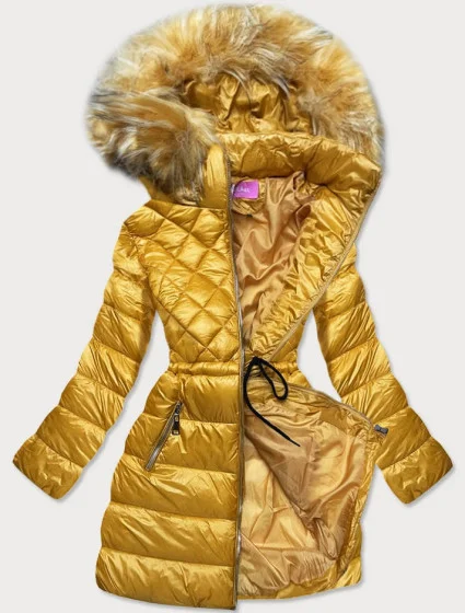 Žlutá dámská prošívaná bunda s kapucí (8957-c)