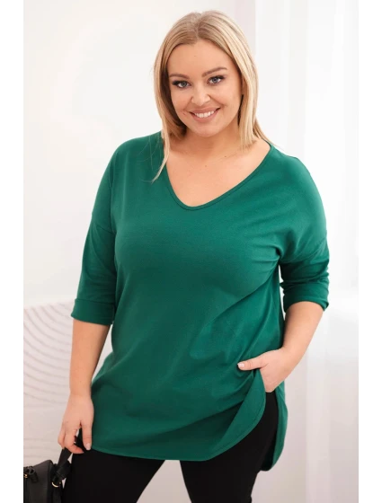 Dámská bavlněná blůza Plus Size s výstřihem do V a ohrnutým rukávem tmavě zelená Dámská bavlněná blůza Plus Size s výstřihem do V a ohrnutým rukávem tmavě zelená