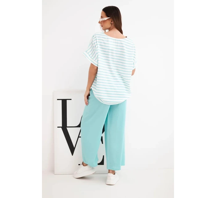 Dámský viskózový komplet s pruhovanou blůzou a širokými kalhotami s gumou mátový