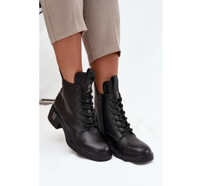 Kožené dámské kozačky na nízkém podpatku model 21713393 Černé - VINCEZA