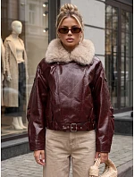 Dámská zimní bunda z ekokůže s kožešinovým lemem, vínová, FashionStreet TY5707 Dámská zimní bunda z ekokůže s kožešinovým lemem, vínová, FashionStreet TY5707