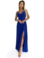 CHIARA Elegantní dlouhé dámské maxi šaty v chrpové barvě s brokátem na ramínkách model 20091452 - numoco