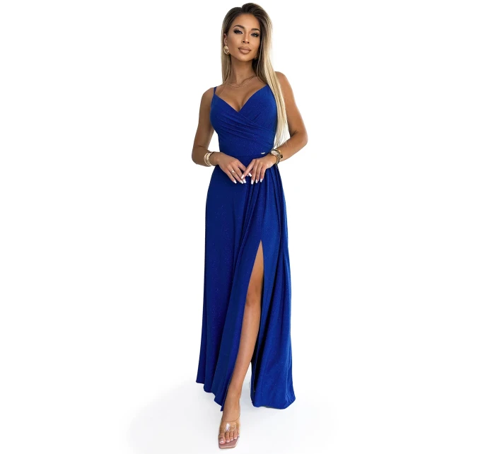 CHIARA Elegantní dlouhé dámské maxi šaty v chrpové barvě s brokátem na ramínkách model 20091452 - numoco