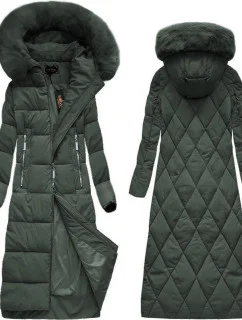 Dlouhá dámská zimní bunda v lahvově zelené barvě s kapucí model 21248699 - Libland
