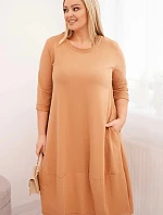 Dámská bavlněná šaty Plus Size s ohrnutým rukávem a kapsami camelová