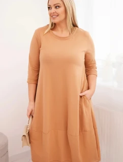 Dámská bavlněná šaty Plus Size s ohrnutým rukávem a kapsami camelová