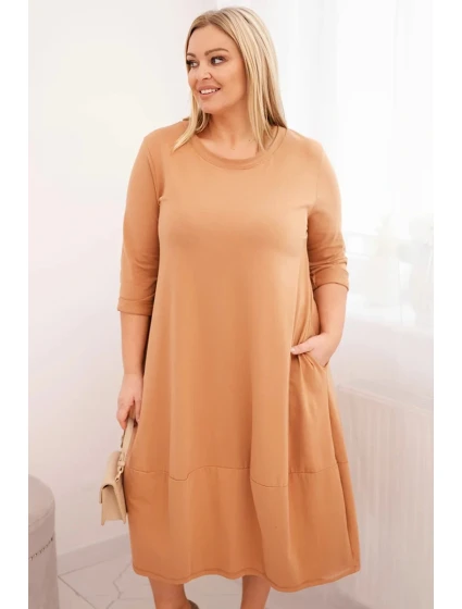 Dámská bavlněná šaty Plus Size s ohrnutým rukávem a kapsami camelová