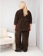 Dámská souprava Plus Size z viskózy manšestrová se širokými kalhotami a mikinou hnědá