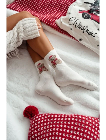 Dámské Vánoční Ponožky Medvěd V Mikulášské Čepici Ecru