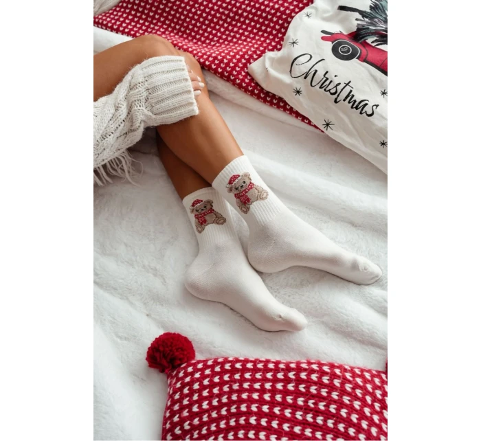 Dámské Vánoční Ponožky Medvěd V Mikulášské Čepici Ecru