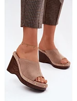Dámské sandály na platformě z umělé semiše zlaté přezky tmavě béžové Norvia