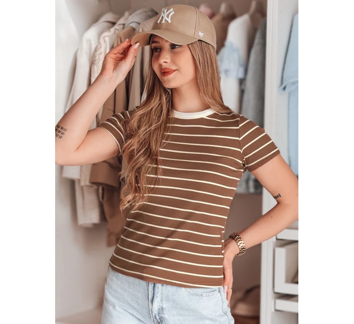 LINESS hnědé pruhované dámské základní tričko FashionStreet RY2810