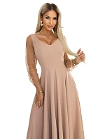 640-4 LORETTA jedinečné dlouhé šaty s tylovými rukávy a výstřihem - béžové 640-4 LORETTA jedinečné dlouhé šaty s tylovými rukávy a výstřihem - béžové