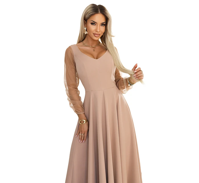 640-4 LORETTA jedinečné dlouhé šaty s tylovými rukávy a výstřihem - béžové 640-4 LORETTA jedinečné dlouhé šaty s tylovými rukávy a výstřihem - béžové