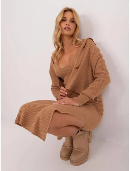 Dámský úpletový komplet ve velbloudí barvě šaty a svetr s límečkem model 19664243 - Factory Price