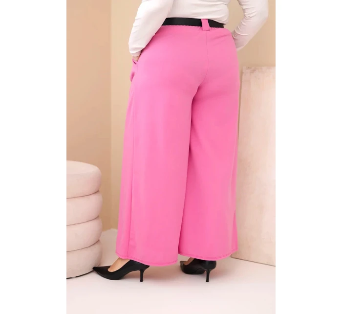 Dámské kalhoty Plus Size viskózové s širokým nohavicí a páskem růžové
