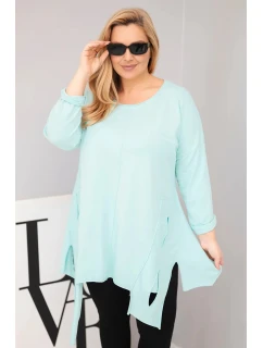 Dámská bavlněná blůza Plus Size s asymetrickým spodním lemem a výřezy mátová