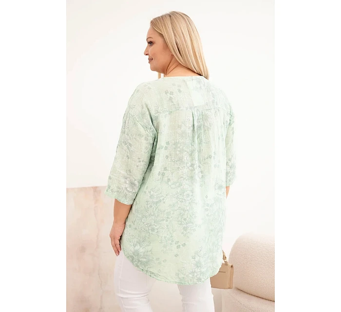 Dámská bavlněná halenka Plus Size s krátkým rukávem a ozdobným knoflíkem mentolová