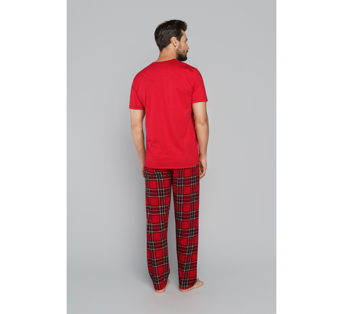 Pánské pyžamo Narwik, krátký rukáv, dlouhé nohavice - červená/potisk