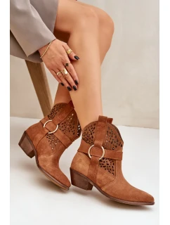 Zamszowe Botki Kowbojki Ażurowe Na Obcasie Zazoo 2994 Camel