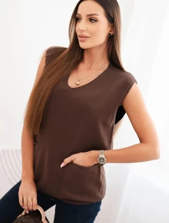 Dámský viskózový svetr bez rukávů s kapsami a výstřihem do V hnědý