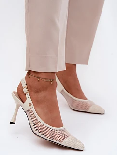 Kožené Síťované Sandály Lodičky Dámské Na Podpatku Maciejka K7507-22 Světle Béžové