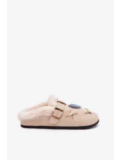 Dámské domácí pantofle se sponou a kožíškem – béžové Thalora
