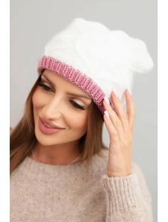 Dámská zimní čepice z vlny s propleteným vzorem K443 bílá + růžová
