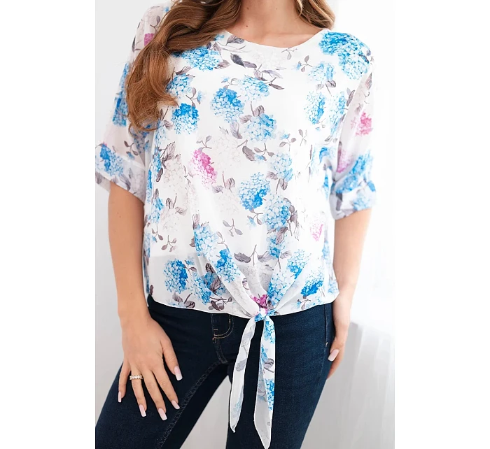 Dámská halenka s květinovým vzorem s vázáním dole modrá Dámská halenka s květinovým vzorem s vázáním dole modrá