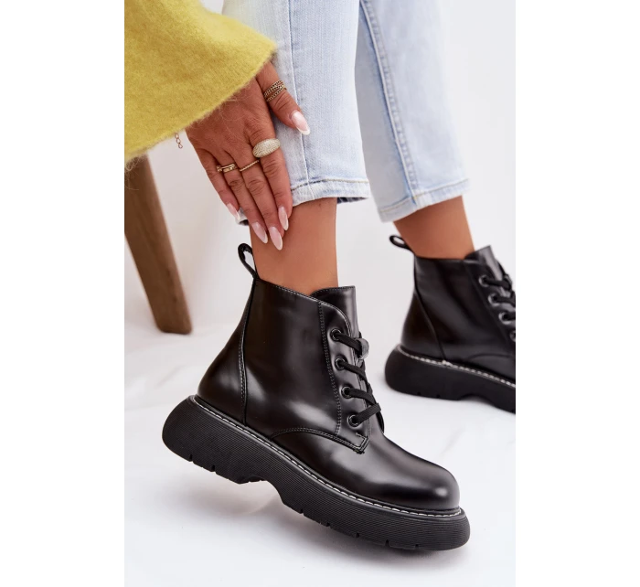Dámské zateplené kotníkové boty na platformě s šněrováním Černé model 21935154 - Boto