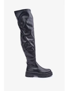 Kozačky nad kolena na plochém podpatku černé Feliri