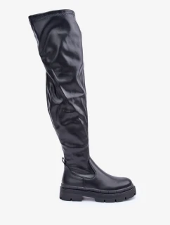 Kozačky nad kolena na plochém podpatku černé Feliri