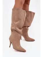 Dámské kozačky na jehlovém podpatku z ECO semiše Noretta – béžové