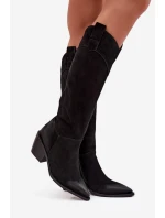 Dámské kozačky na podpatku z přírodní broušené kůže Artiker – černé