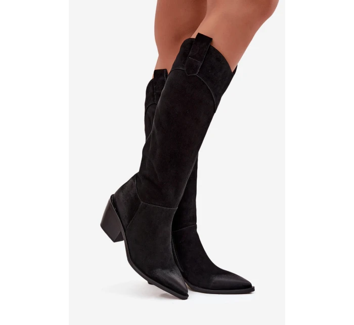 Dámské kozačky na podpatku z přírodní broušené kůže Artiker – černé