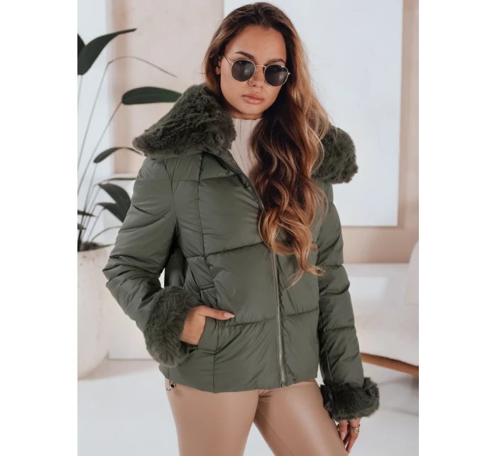 Dámská prošívaná krátká bunda s kožešinou zelená FashionStreet TY5068