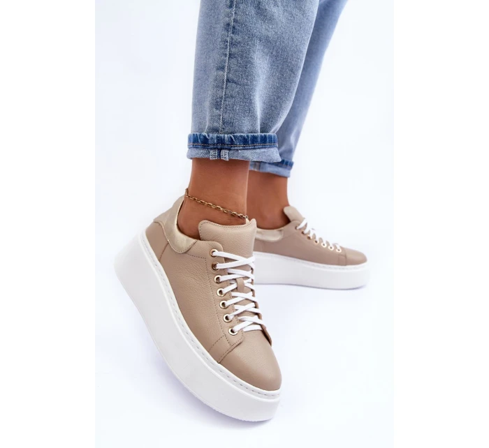 Dámské kožené sportovní boty na platformě Bežové Lemar model 21633508 - Boto Dámské kožené sportovní boty na platformě Bežové Lemar model 21633508 - Boto