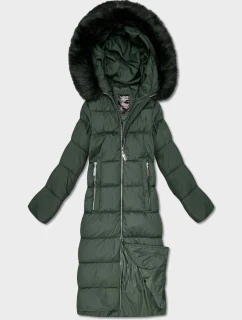 Dlouhá dámská zimní bunda v lahvově zelené barvě s kapucí model 21248699 - Libland