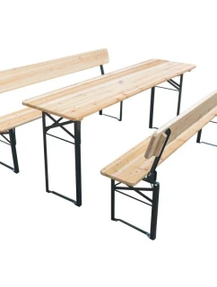 PIKNIKOVÝ BAROVÝ SET DŘEVĚNÝ STŮL A 2 LAVICE SE SKLOPNÝMI OPĚRADLY