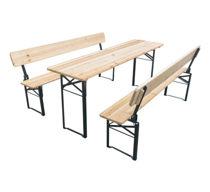 PIKNIKOVÝ BAROVÝ SET DŘEVĚNÝ STŮL A 2 LAVICE SE SKLOPNÝMI OPĚRADLY