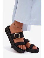 dámské pantofle s pásky a zlatým sponou Černé model 22147463 - Boto
