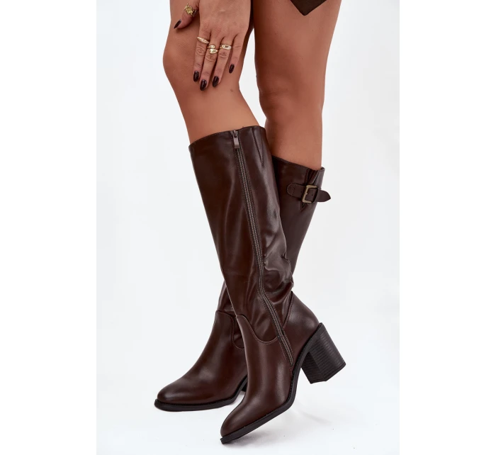 Dámské kotníkové boty Brenira na sloupkovém podpatku se sponou – čokoládové