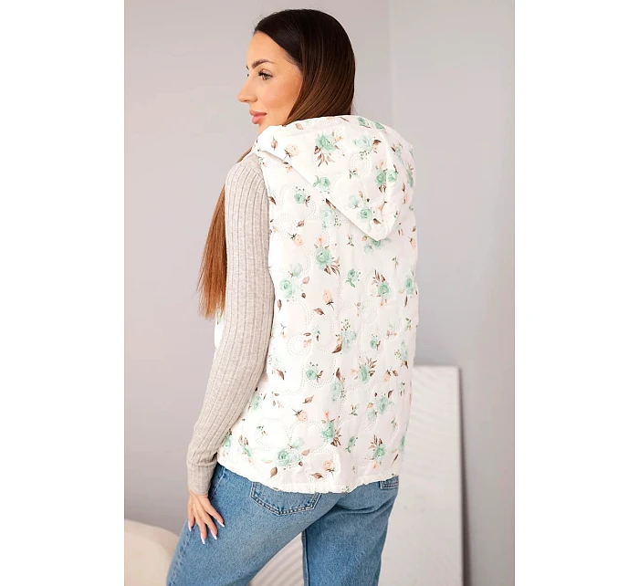 Dámská prošívaná vesta s kapucí a květinovým vzorem mátová