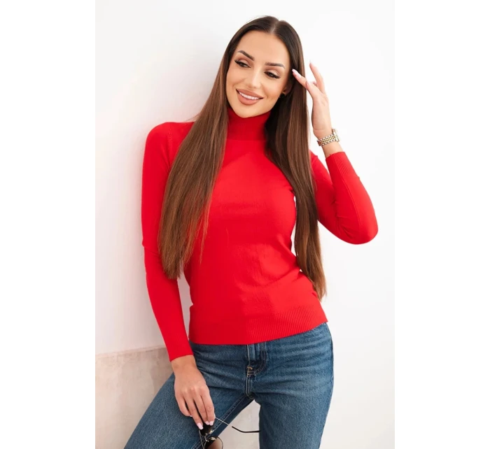 Dámský svetr z viskózy s rolákem a dlouhým rukávem červený