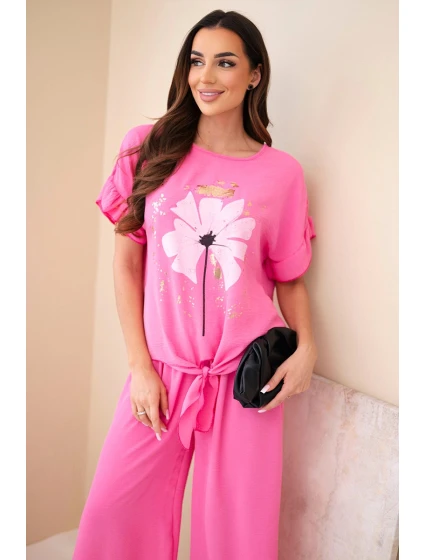 Dámský viskózový komplet s halenkou s potiskem a kalhotami světle růžový