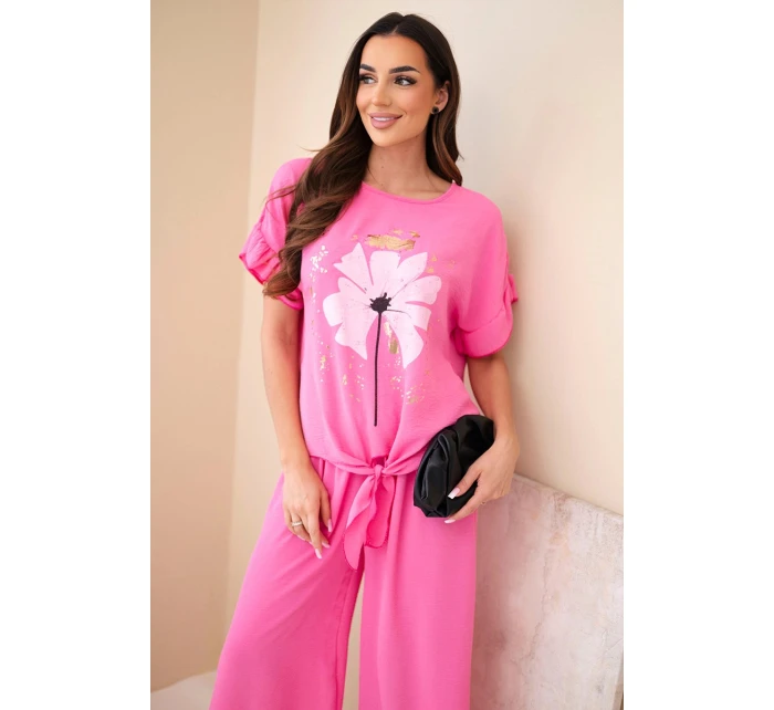 Dámský viskózový komplet s halenkou s potiskem a kalhotami světle růžový