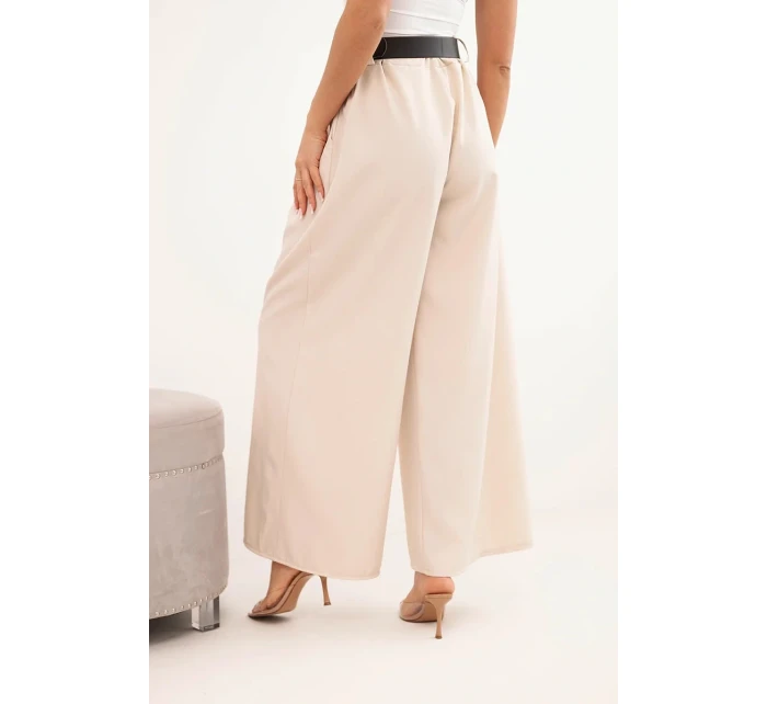 Dámské kalhoty s širokou nohavicí a páskem světlé béžové