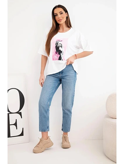 Dámská bavlněná oversize halenka s krátkým rukávem a model 22042990 potiskem bílá - K-Fashion